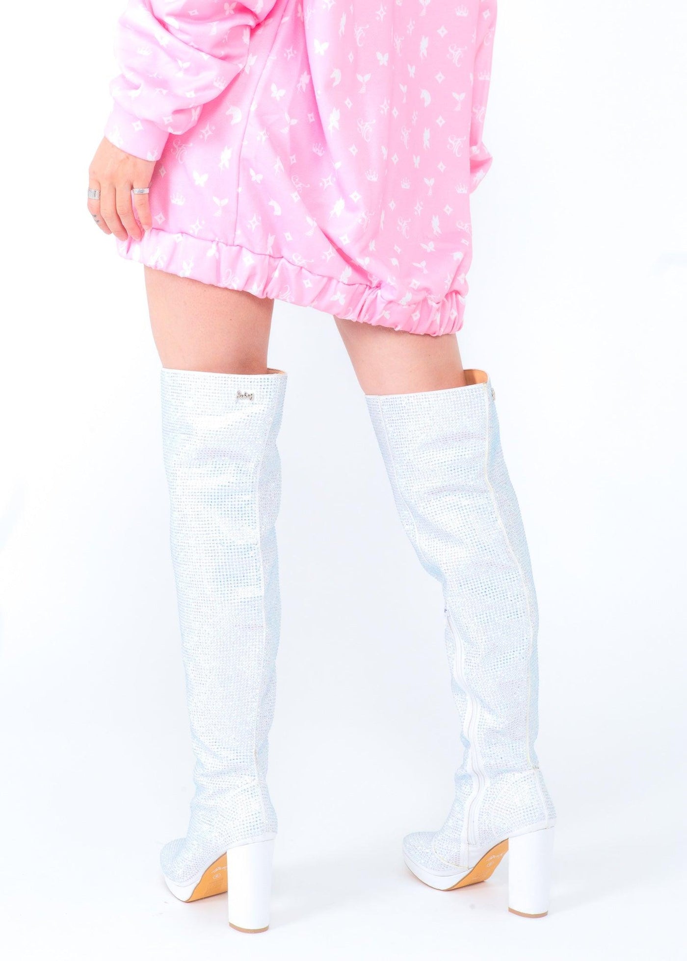 White Rhinestone Thigh High Boot